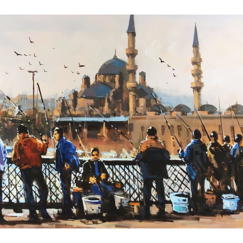 Galata Köprüsünde Balık Tutan İnsanlar 60x140 cm