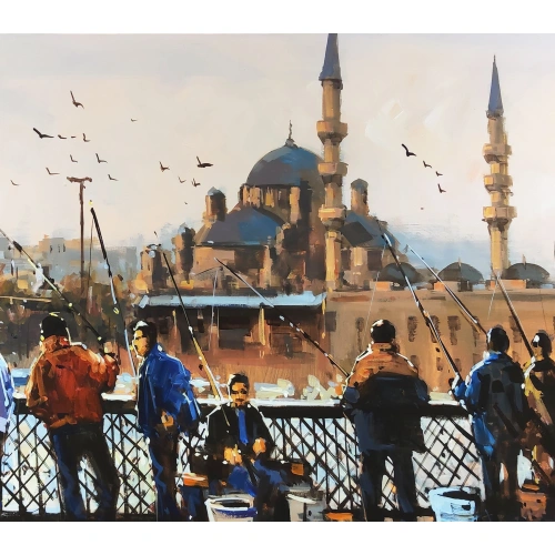 Galata Köprüsünde Balık Tutan İnsanlar 60x140 cm