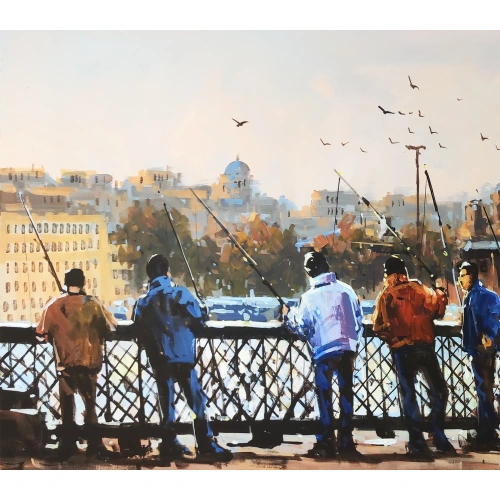Galata Köprüsünde Balık Tutan İnsanlar 60x140 cm