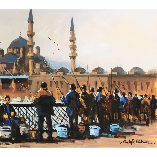 Galata Köprüsünde Balık Tutan İnsanlar 60x140 cm