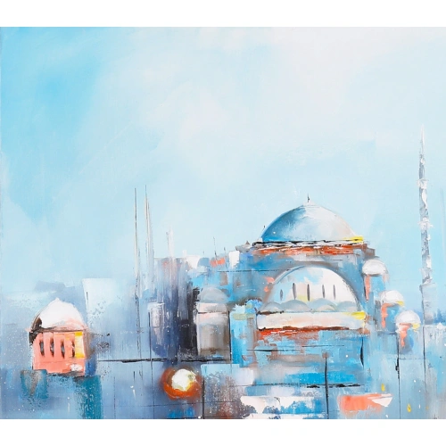 Galata Kulesi İstanbul Mavi Kırmızı Kanvas Tablo 100x100 cm