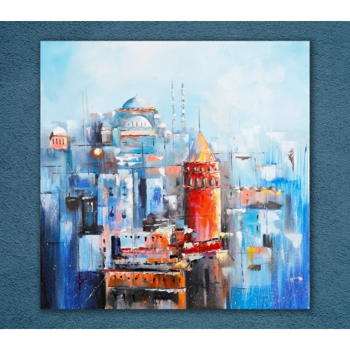 Galata Kulesi İstanbul Mavi Kırmızı Kanvas Tablo 100x100 cm