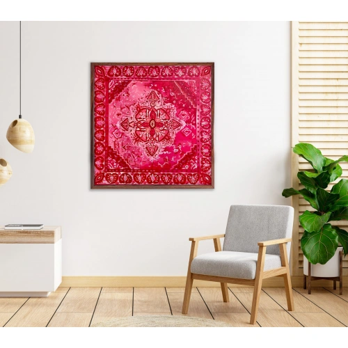 Geleneksel Türk Kilimi Desenli Etnik Fuşya Tablo 83x83cm