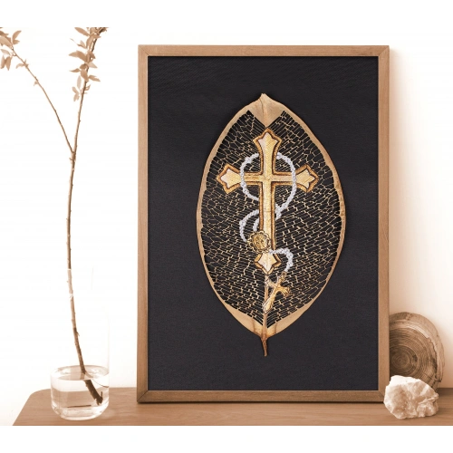 Haç Motifli Yaprak Sanatı Hediyelik Ev Dekoru 20x28 cm