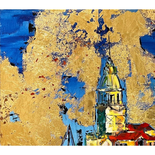 İstanbul Kız Kulesi Altın Varaklı Kanvas Tablo 100x100 cm