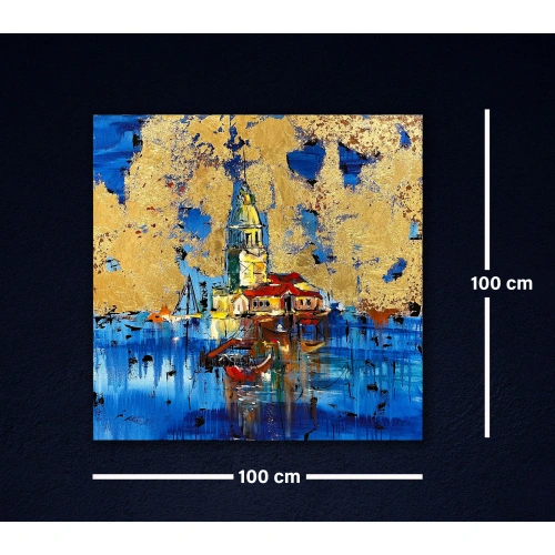 İstanbul Kız Kulesi Altın Varaklı Kanvas Tablo 100x100 cm