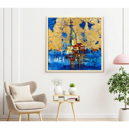 İstanbul Kız Kulesi Altın Varaklı Kanvas Tablo 100x100 cm