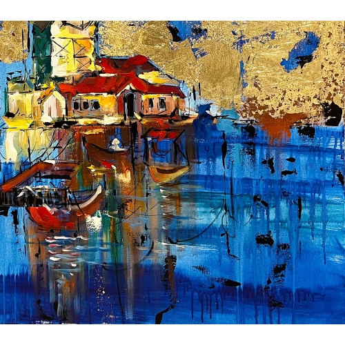 İstanbul Kız Kulesi Altın Varaklı Kanvas Tablo 100x100 cm