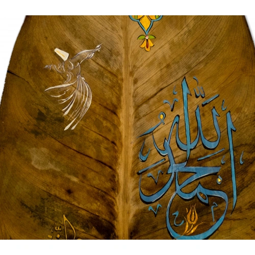 Kauçuk Yağrağı Üzerine Mevlana Figürlü Tezhip Sanatı 19x36cm