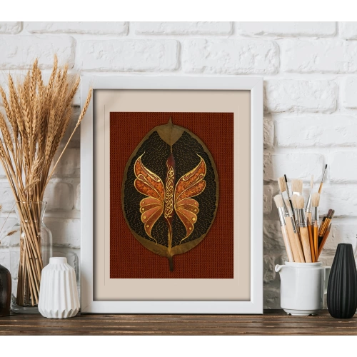 Kelebek Motifli Bismillah Kırmızı Yaprak Sanatı 20x32 cm