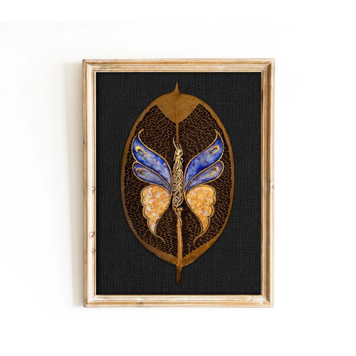 Kelebek Motifli Bismillah Mavi Yaprak Sanatı 18x32 cm