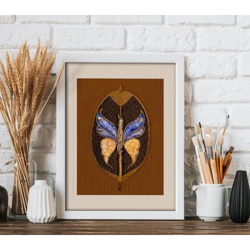 Kelebek Motifli Bismillah Mavi Yaprak Sanatı 18x32 cm