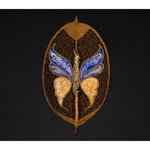 Kelebek Motifli Bismillah Mavi Yaprak Sanatı 18x32 cm
