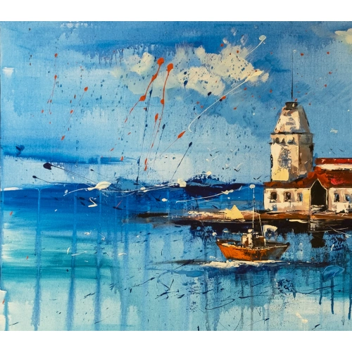 Kız Kulesi İstanbul Mavi Kanvas Tablo 60x120 cm
