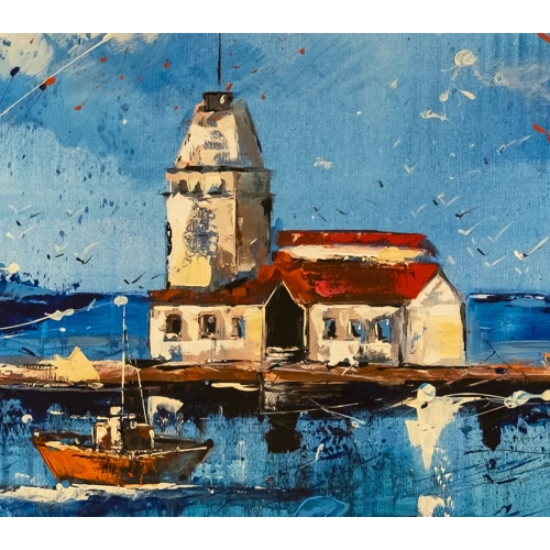 Kız Kulesi İstanbul Mavi Kanvas Tablo 60x120 cm