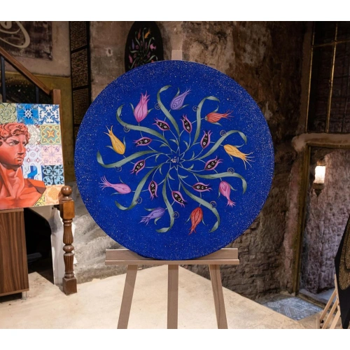 Lale Motifli Allah Mavi Kanvas Tablo 75x75 cm