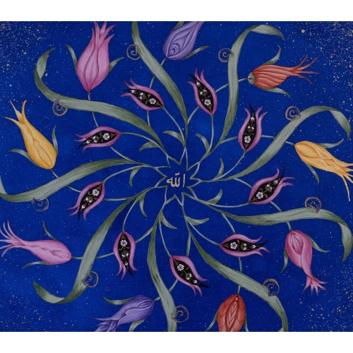 Lale Motifli Allah Mavi Kanvas Tablo 75x75 cm