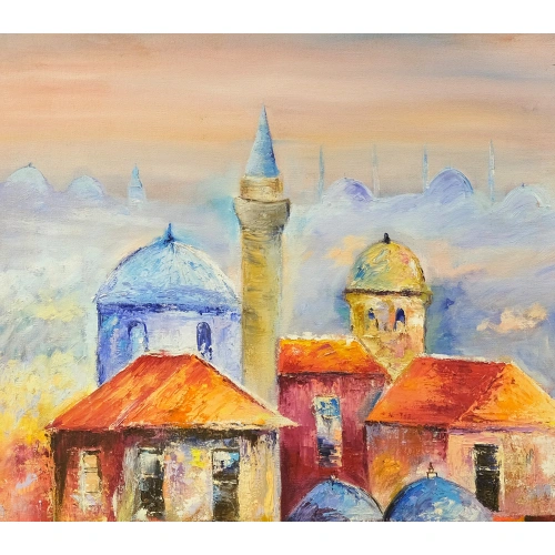 Mavi Kırmızı İstanbul Yağlı Boya Kanvas Tablo 50x70 cm