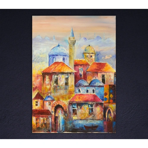 Mavi Kırmızı İstanbul Yağlı Boya Kanvas Tablo 50x70 cm