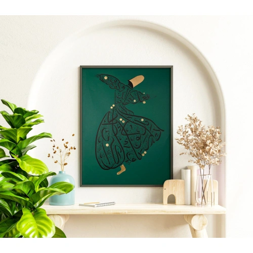Mevlana Semazen Figürü Yeşil Hat Tablo 70x100 cm