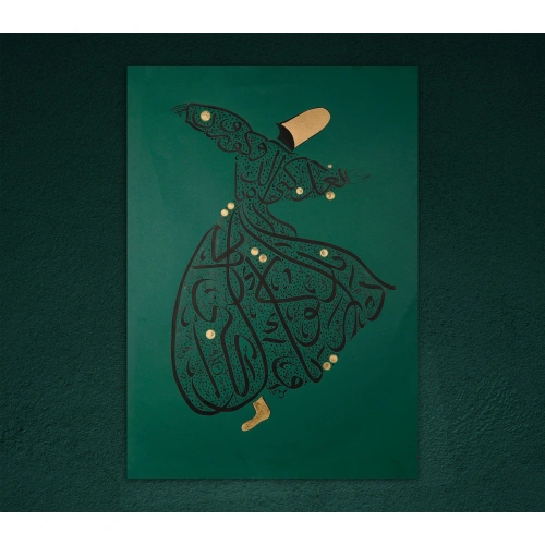 Mevlana Semazen Figürü Yeşil Hat Tablo 70x100 cm