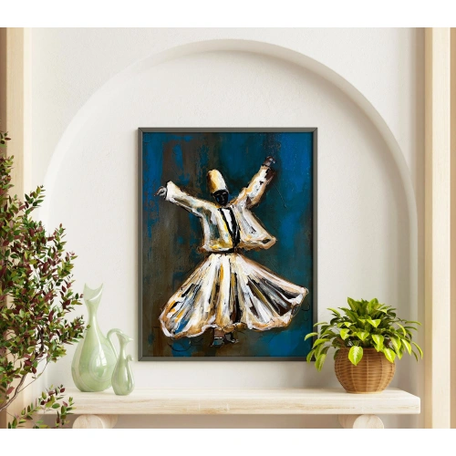 Mevlana Semazen Mavi Beyaz Kanvas Tablo 50x70 cm