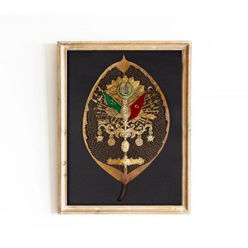 Osmanlı Tuğrası Altın Varaklı Yaprak Sanatı 20x35 cm
