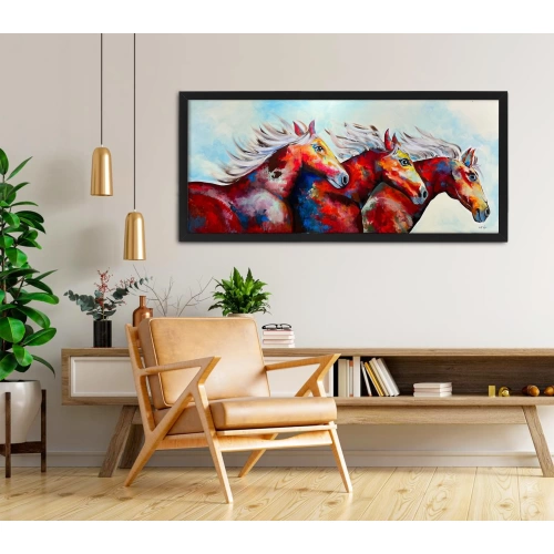 Renkli Atlar Yağlı Boya Tablo 60x140 cm