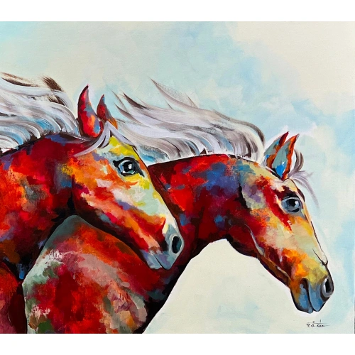 Renkli Atlar Yağlı Boya Tablo 60x140 cm