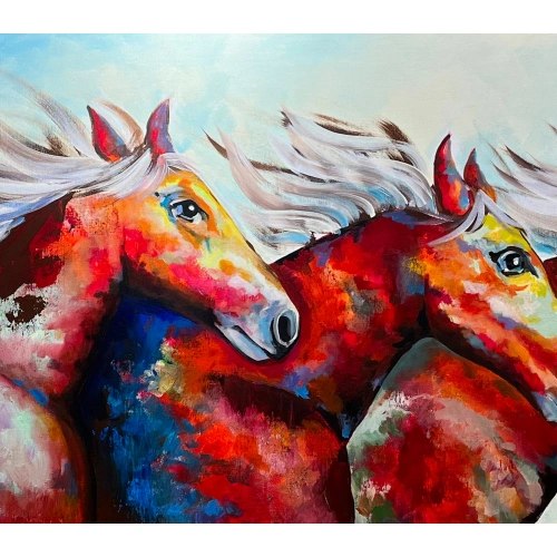 Renkli Atlar Yağlı Boya Tablo 60x140 cm