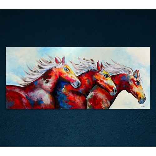 Renkli Atlar Yağlı Boya Tablo 60x140 cm