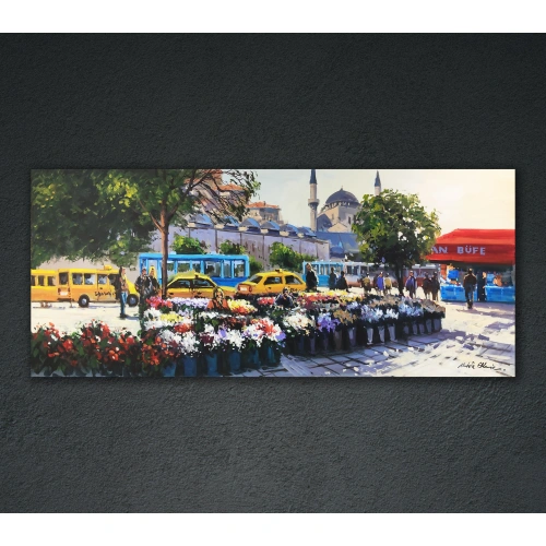 Taksim Meydanında Çiçekçi Kadınlar Yağlı Boya Tablo 60x140 cm