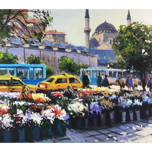 Taksim Meydanında Çiçekçi Kadınlar Yağlı Boya Tablo 60x140 cm