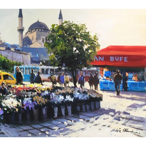 Taksim Meydanında Çiçekçi Kadınlar Yağlı Boya Tablo 60x140 cm