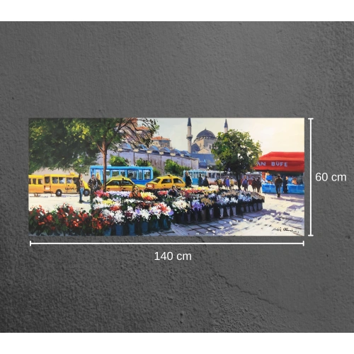 Taksim Meydanında Çiçekçi Kadınlar Yağlı Boya Tablo 60x140 cm