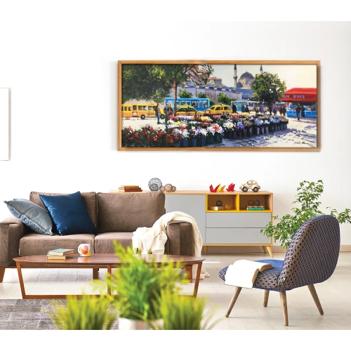 Taksim Meydanında Çiçekçi Kadınlar Yağlı Boya Tablo 60x140 cm