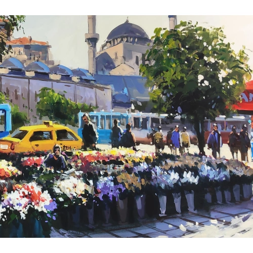 Taksim Meydanında Çiçekçi Kadınlar Yağlı Boya Tablo 60x140 cm