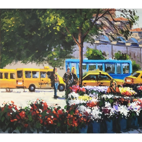 Taksim Meydanında Çiçekçi Kadınlar Yağlı Boya Tablo 60x140 cm