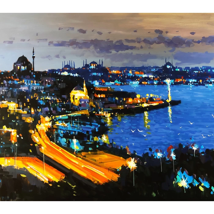 İstanbul Dece Vakti Boğaz Manzarası Yağlı Boya Tablo 60x140 cm