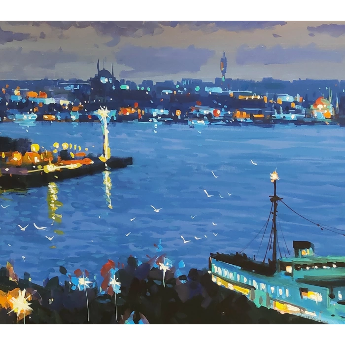 İstanbul Dece Vakti Boğaz Manzarası Yağlı Boya Tablo 60x140 cm