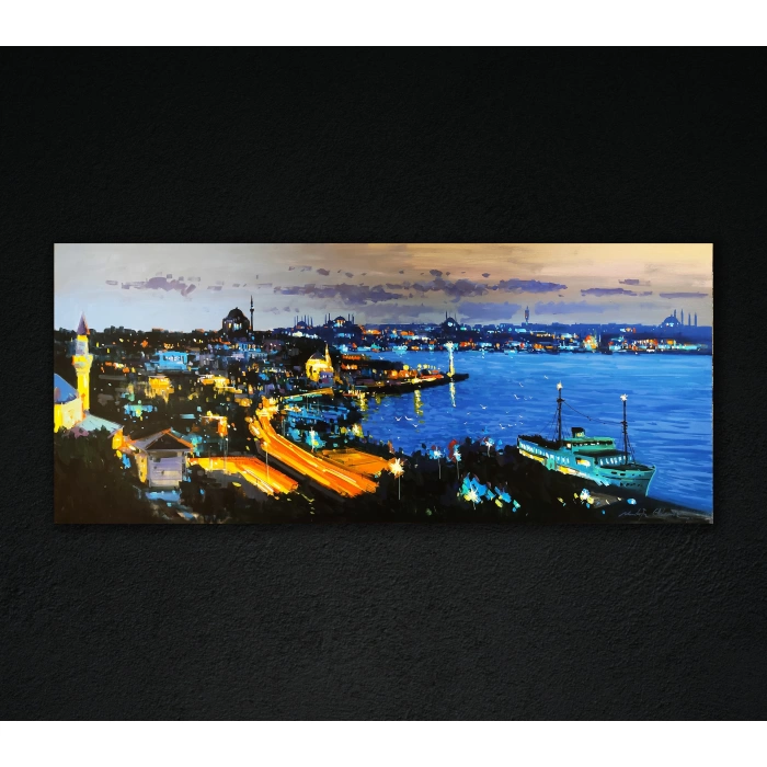 İstanbul Dece Vakti Boğaz Manzarası Yağlı Boya Tablo 60x140 cm