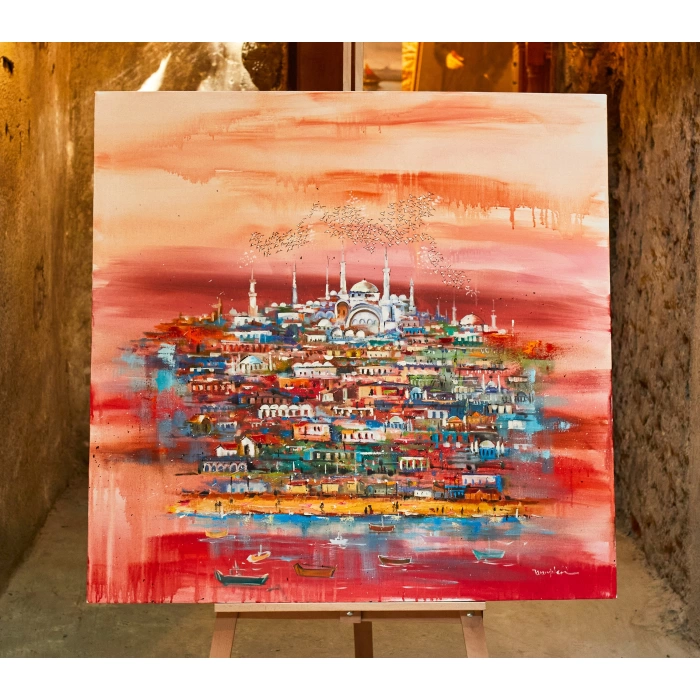 Kırmızı İstanbul Kolajı Tablo 100x100cm