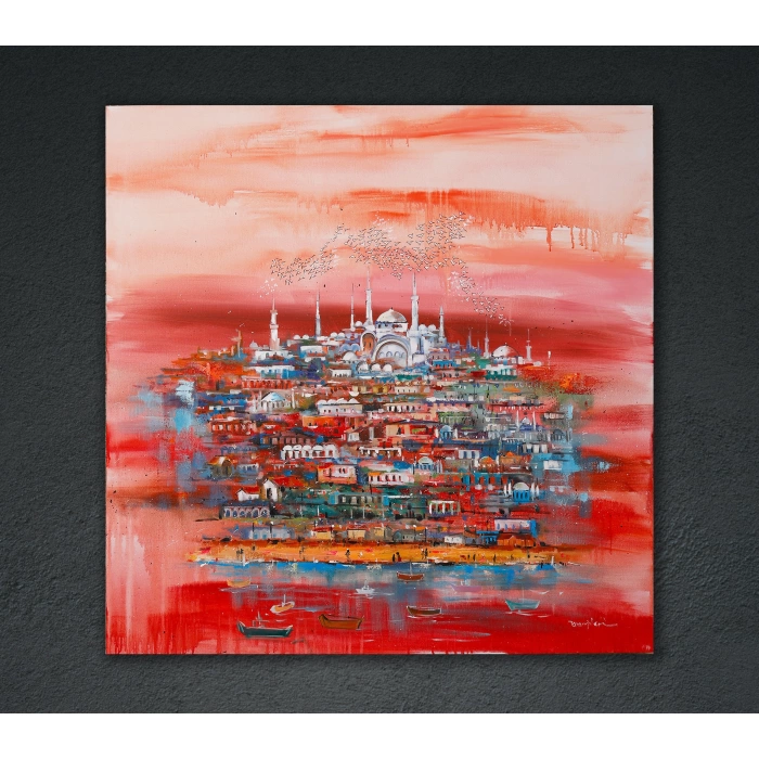 Kırmızı İstanbul Kolajı Tablo 100x100cm