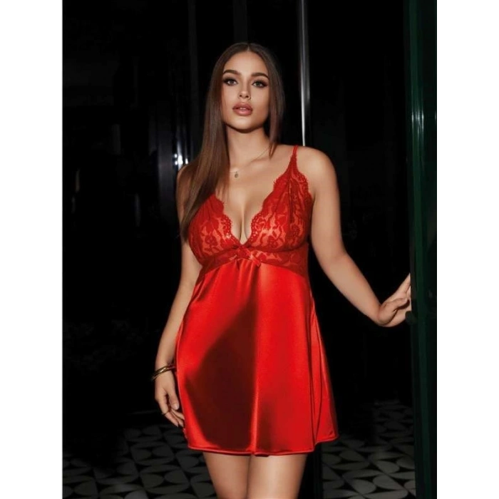 Arias Closet Büyük Beden Kırmızı Dantel İşlemeli Saten Gecelik