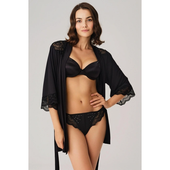 Arias Closet Dantelli Sabahlık Balenli Destekli Dolgulu Taşlı Sütyen ve String 3lü Takım