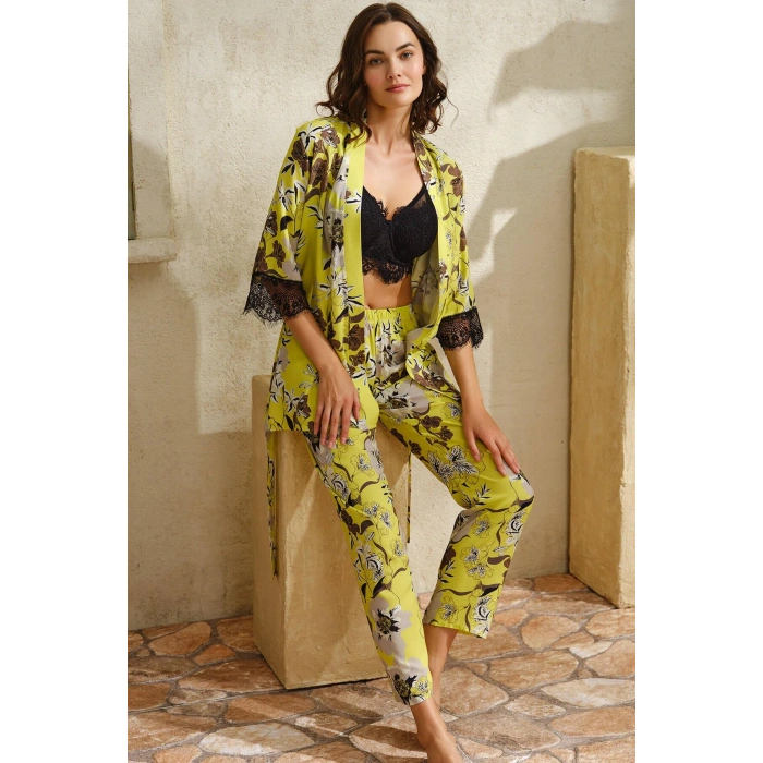 Arias Closet Dokuma Viskon Çiçek Baskılı Dantelli Sabahlık Balenli Desteksiz Dolgusuz Büstiyer Sütyen ve Pantolon Pijama 3lü Takım