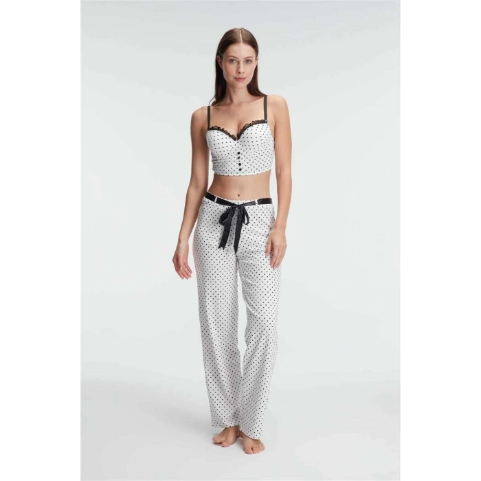 Arias Closet Fantezi Bralet Sütyen Pamuklu Puantiye Desenli Desteksiz Dantel Detaylı Pijama Takımı