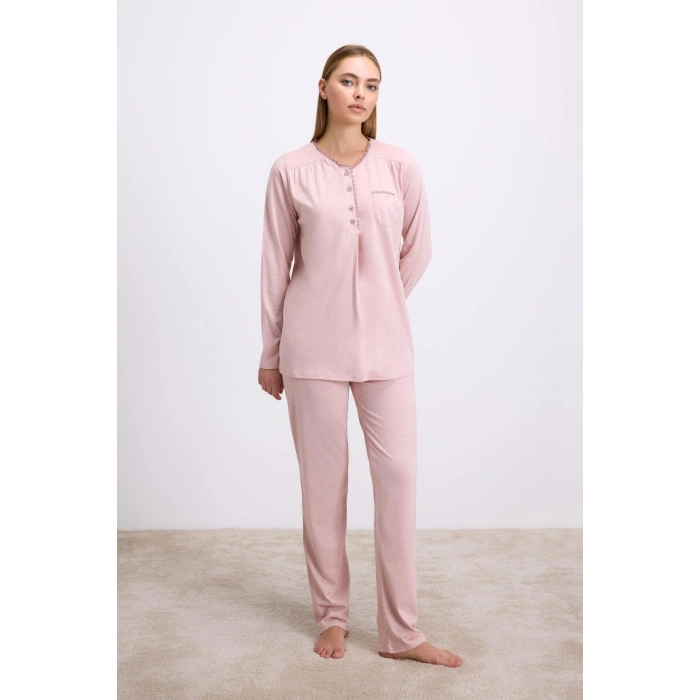 Arias Closet Gül Kurusu Modal Pamuklu Uzun Kollu Düğmeli 2li Pijama Takımı