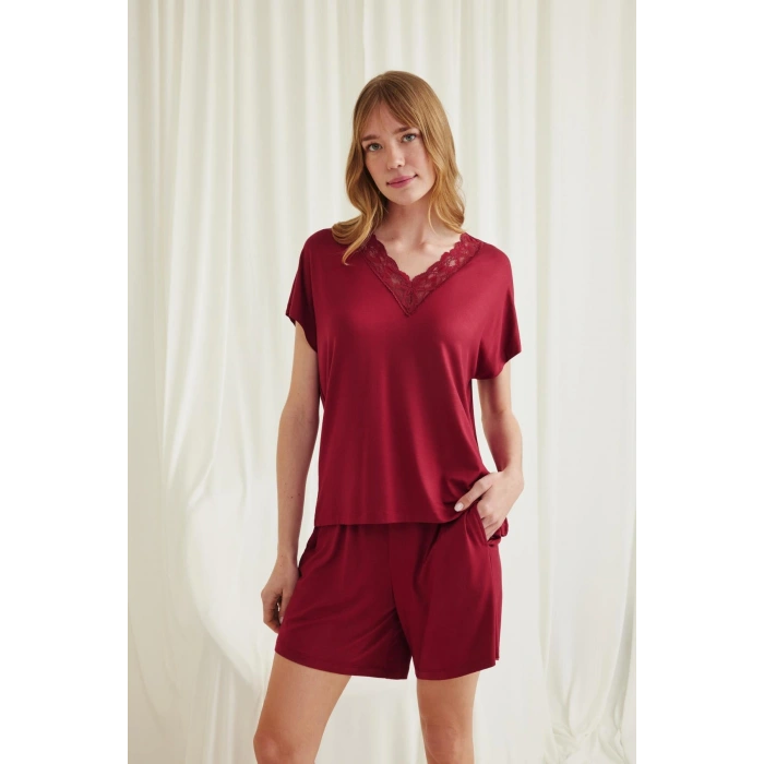 Arias Closet Kısa Kollu Dantelli V Yaka Şort Pijama Takımı