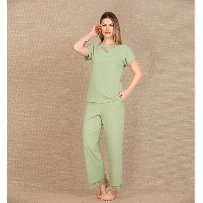 Arias Closet Pamuklu Şık Tasarım Dantel İşlemeli Yeşil Kısa Kol Pijama Takımı